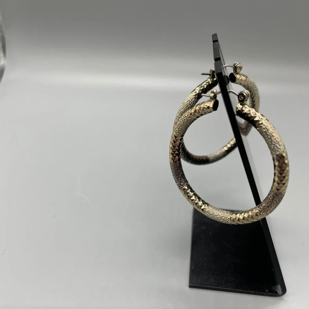Tri-Color Diamond Cut Textured Hoop Earrings Gold Silver Rose Tone 1.5